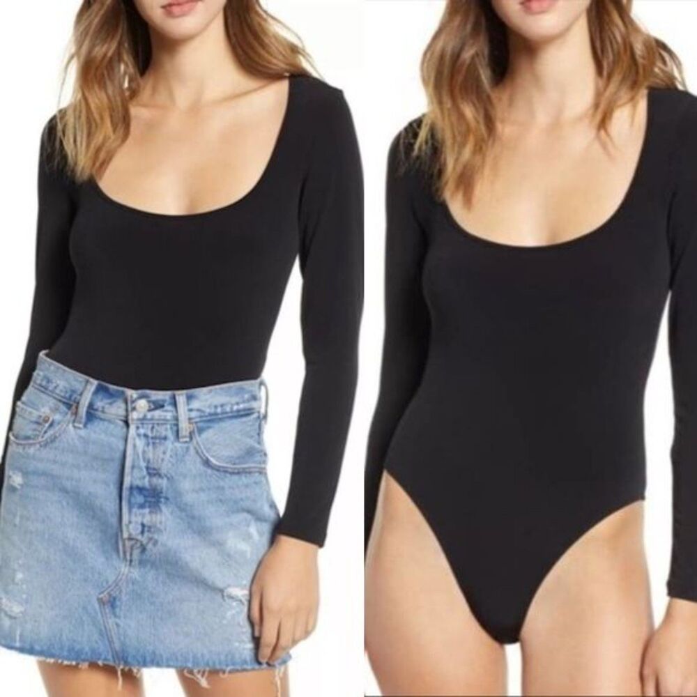 Leith Black Bodysuit Scoop Neck Long Sleeves Balltecore Size Large